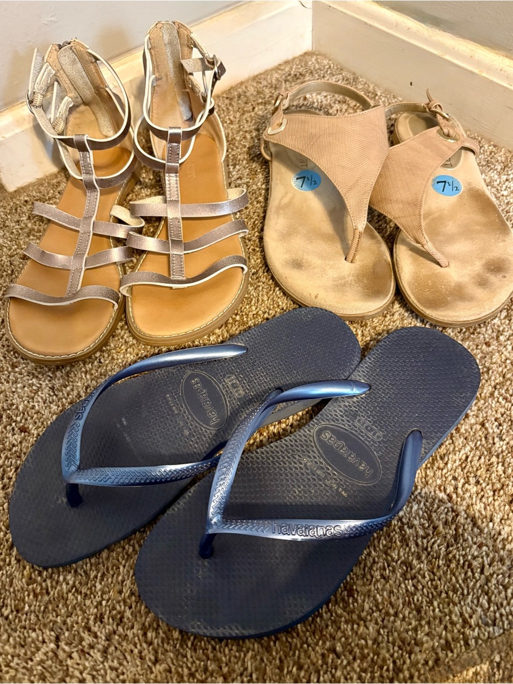 All 3 - Havaianas Navy Blue Flip Flops with Metallic Gold and Beige Sandals